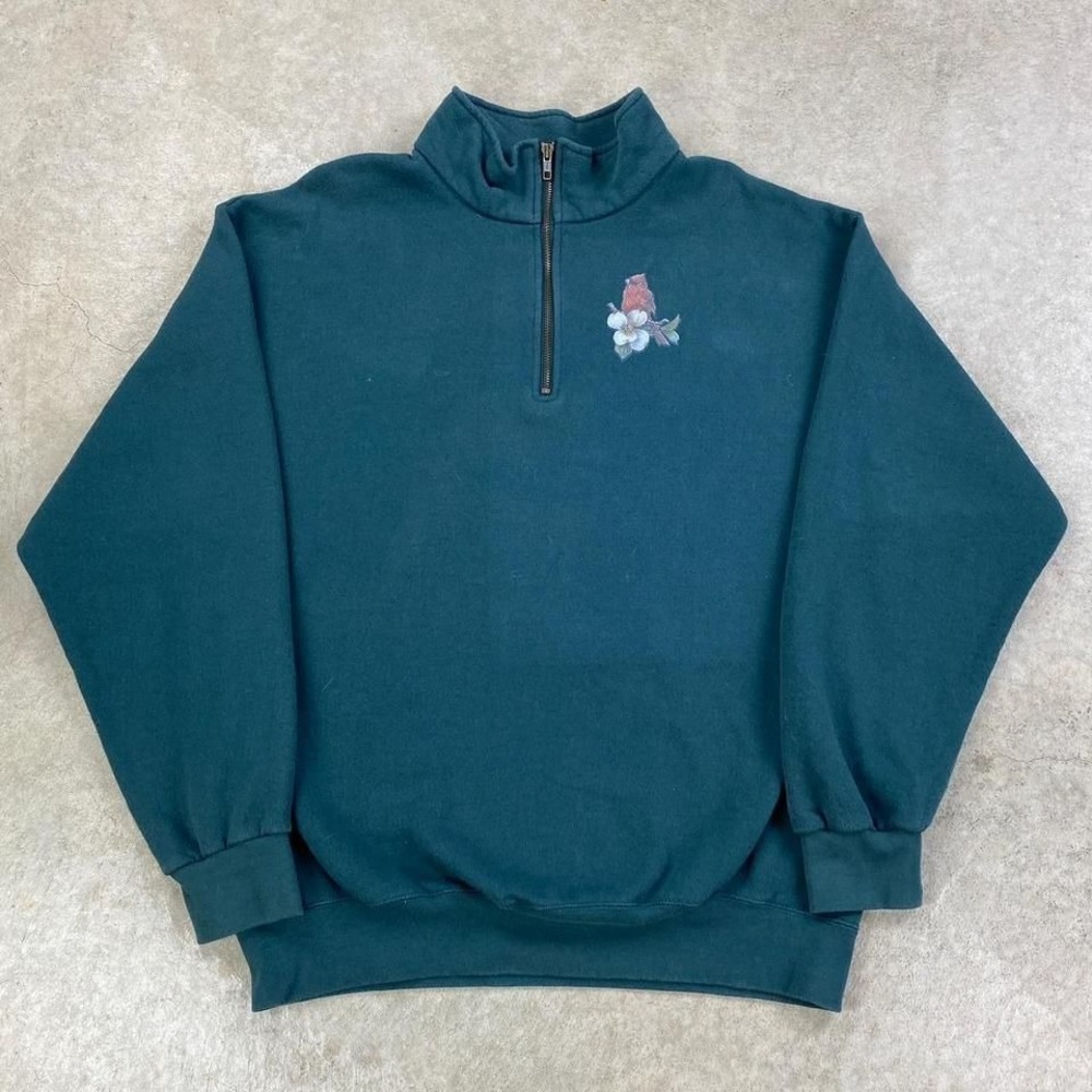 Vintage 90s Robin Bird 1/4 Zip Sweatshirt Size XL Green Flower